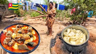 Harvesting and cooking delicious mouthwatering  Cassava /yam fufu and light soup in Togo west Africa