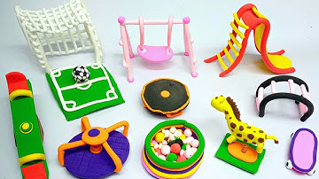 DIY How To Make Polymer Clay Miniature Playground Set With Swing,Slide, Trampoline, Football,See Saw