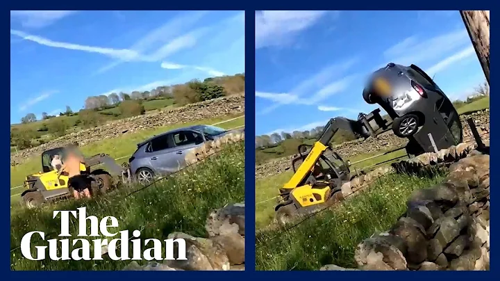 Farmer uses forklift tractor to push and flip car ...