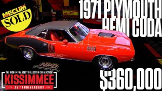 SOLD for $360,000 1971 Plymouth Hemi Cuda // Mecum Kissimmee 2024