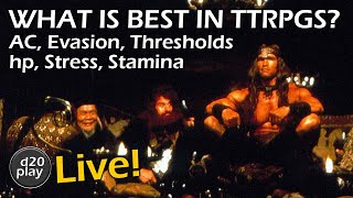 d20play Live 80 - What is Best in TTRPGS AC, Evasion, Thresholds, hp, Stress, Stamina
The BEST D&D Quick Reference: https://www.dmsguild.com/product/493865/2024-DD-Quick-Reference-Sheets?affiliate_id=465068
JOIN a future game: https://discord.gg/WGK9srJ
LIVESTREAMS
ShadowDark with Kelsey Dionne: https://youtube.com/live/0ZCOyTQeOyc
Deadly Adventures with Sersa Victory: https://youtube.com/live/n1iroSruTTc
FAST Combat with Tablerunner Crispy: https://youtube.com/live/v5GI9CJMe-k
PLAYING THE d20play RPG
Character Creation: https://youtu.be/YkDC3oFwkL8
Tombs on the Borderlands: https://youtu.be/RAe4Z5Grt68
B1 In Search of the Unknown 1: https://youtu.be/VOYoSXUgYDM
B2 Keep on the Borderlands 1: https://youtu.be/c42diY1K-Qw
G1 Steading of the Hill Giant Chief: https://youtu.be/HfCtGxg6Vg4
G2 Glacial Rift of the Frost Giant Jarl: https://youtu.be/fLaqTM6j1s4
PLAYING D&D
Keys 1: https://youtu.be/8Ejt9xiAXcQ
DragonLance 1-2: https://youtu.be/i5jadTjpK5E
Academy 1: https://youtu.be/ygXB75wc3eI
Xaryxis 1a: https://youtu.be/QAPd2eqEB70
DM GUIDE AND TIPS
Keys 1: https://youtu.be/NuV2jkkCrPI
DragonLance 1-2: https://youtu.be/XkEb_f1DLyQ
Academy 1: https://youtu.be/GemXhsarOuU
Xaryxis 1: https://youtu.be/AH1Oefrj9j0
D20PLAY, D&D, AND ROLL20 HOW-TO
d20play How To Notes: http://d20play.com/d20playHowTo.pdf
Token Macros and Blazing Combat: https://youtu.be/-8PxCgP0O5k
Token Setup, Movement, and More: https://youtu.be/F9bcgbFr5VY
Making Great Tokens: https://youtu.be/Qh9eiVyXPN0
Making Character or Monster Token Macros: https://youtu.be/hUHZVGhipho
Ramp Up Monster Damage: https://youtu.be/NKt2tEjfxUw
Adventure Token Creation: https://youtu.be/aHNfWHtAjqg
Map Preparation: https://youtu.be/vd4VkfqUVpU
THANK YOU!
Please Like, Subscribe, Tip, Comment, and/or Tell a Friend! d20play Live 80 - What is Best in TTRPGS AC, Evasion, Thresholds, hp, Stress, Stamina