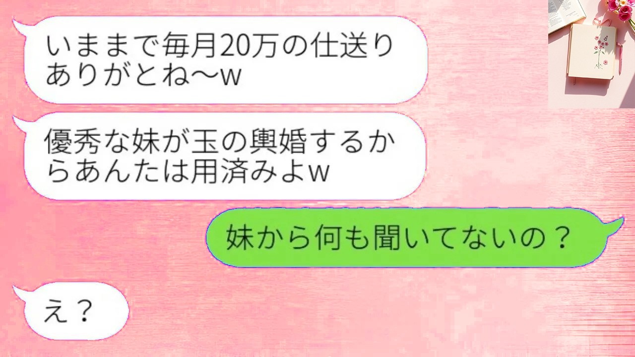 [LINE] 毎月20万円仕送りしても感謝ゼロの母。妹が玉の輿婚を決めた瞬間「もう要らないw」と絶縁宣言→浮かれる母に真実を伝えた結果…