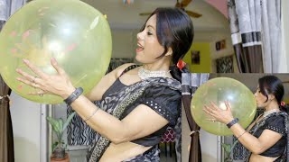 Big Balloon Blowing With Traditional Look Black Saree In Balloon Blow