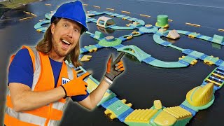 Handyman Hal explores floating Water Park | Obstacle Island Big Jumps | Fun Videos for Kids
