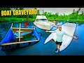 Fishing & Exploring the BOAT GRAVEYARD in my Pond **SPEEDBOAT IS SINKING**