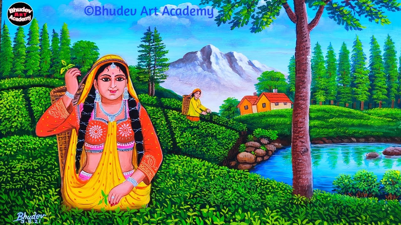 How To Draw Scenery Of Tea GardenEasy Beautiful Mountain Tea Garden Scenary With Earth