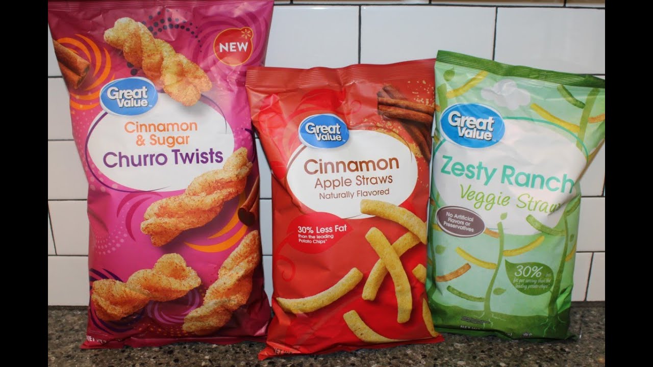 Great Value Cinnamon & Sugar Churro Twists, Cinnamon Apple Straws and Zesty Ranch Veggie Straws