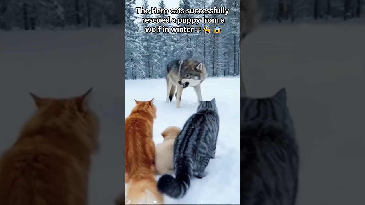The Hero cats successfully rescued a puppy from a wolf in winter🐺🐈 😱 