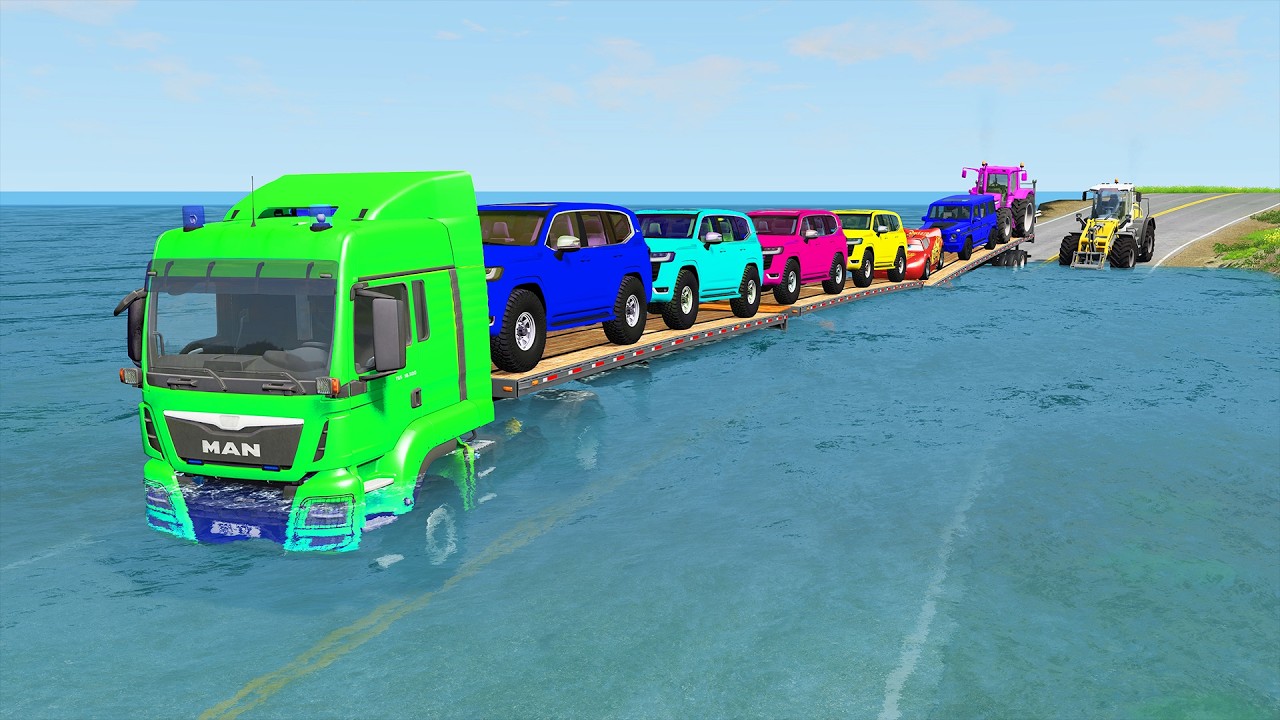 Triple Flatbed Trailer McQueen Transportation with Truck - Speedbumps vs Cars vs Train - BeamNG #