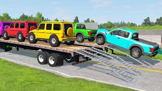 Flatbed Trailer Mercedes Cars Transportation with Truck - Speed Bumps vs Car | #03 - BeamNG.Drive