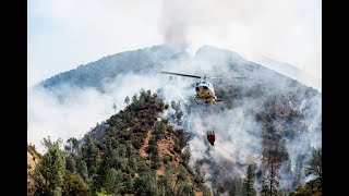 Fire crews battle the Ferguson Fire along Highway 140 in Mariposa County