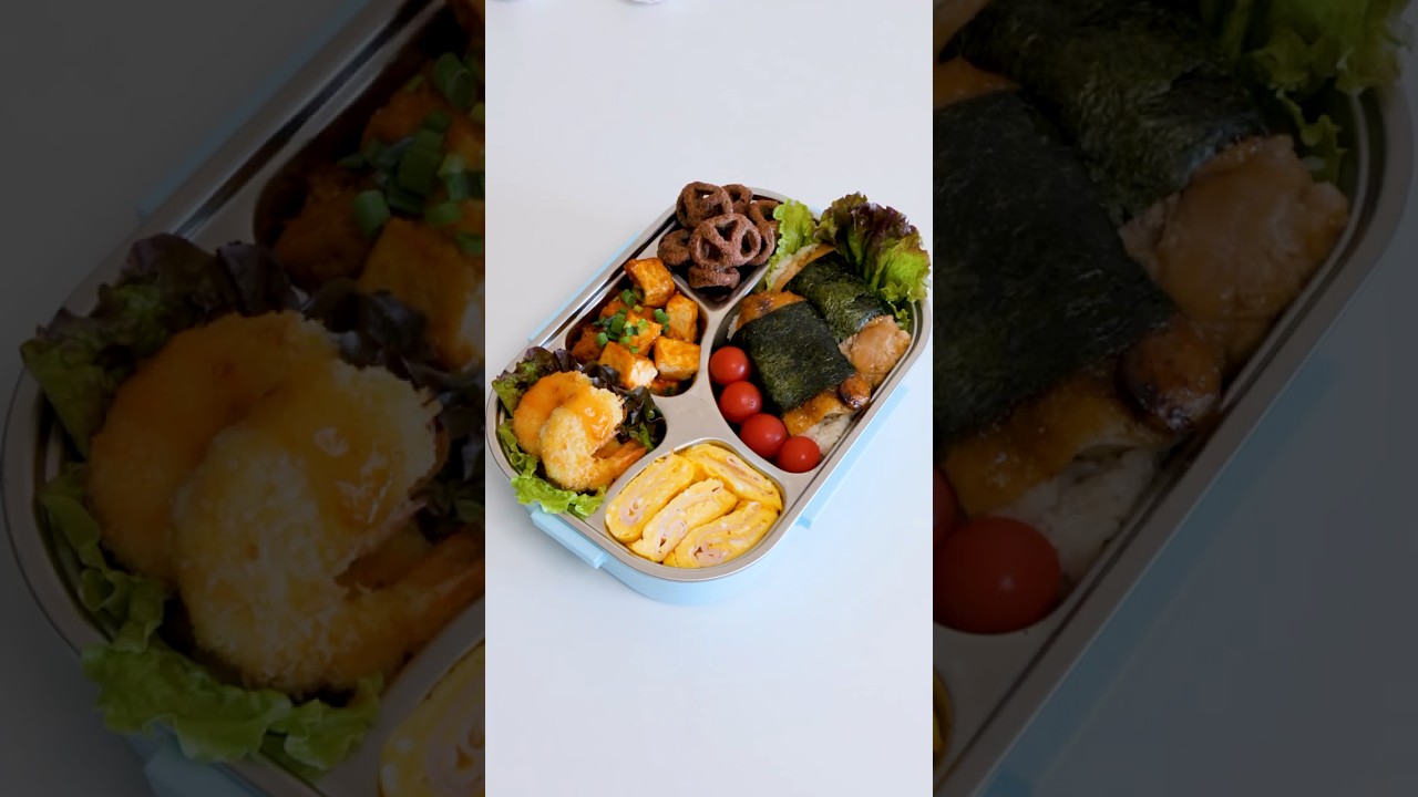5-Item Teriyaki Chicken Rice Ball Bento 🍱 Honey Chili Shrimp, Ham Omelet & Tofu Lunch Box No.62