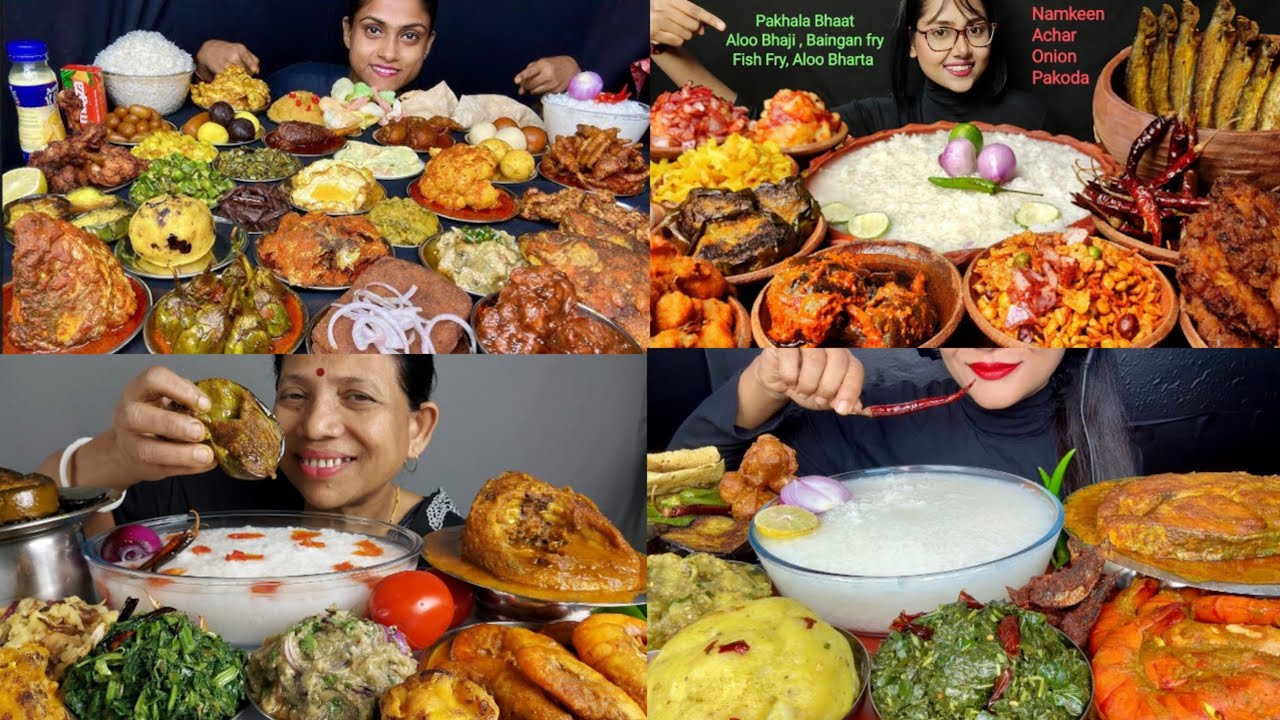 Eating panta bhat/pakhala bhat,baingan fry,pakora,fish curry,aloo bharta🤤🔥Bigbites mukbang asmr
