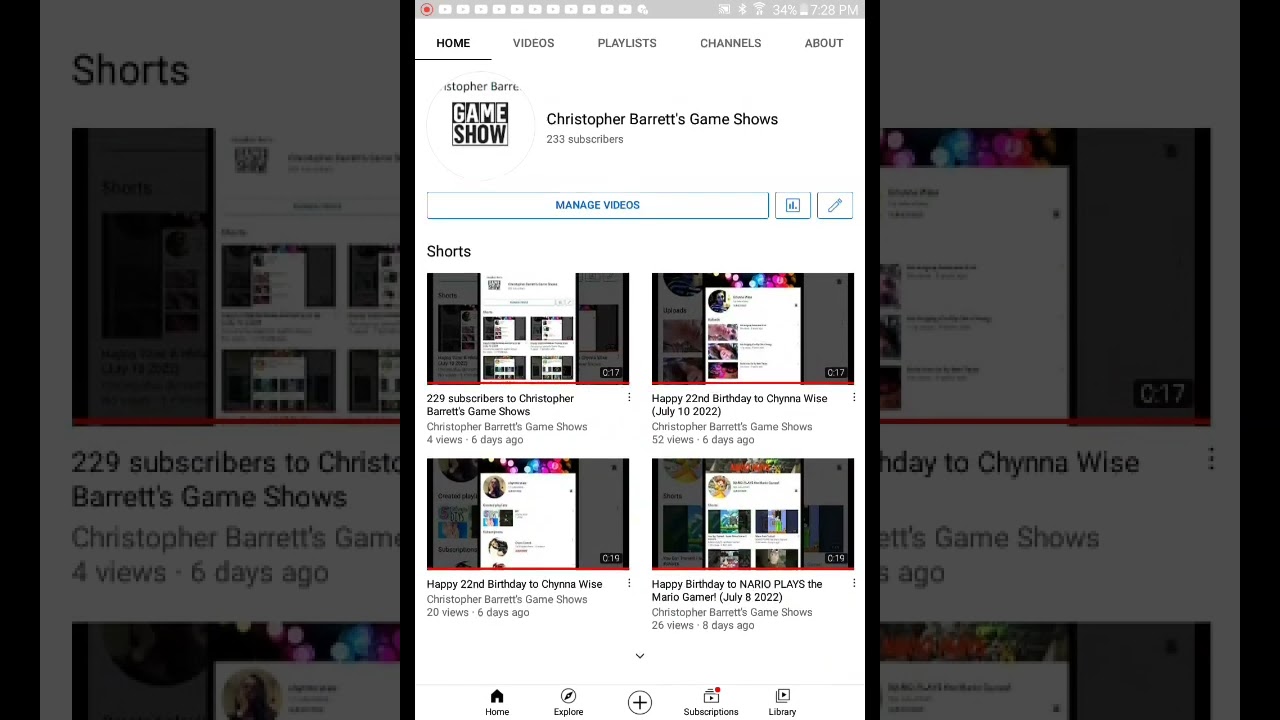 I've got 233 subscribers for Christopher Barrett's Game Shows