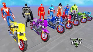 Spiderman vs Superheroes Hulk Goku Batman Iron Man RACING MOTORCYCLES Challenge on Sky RAMPA - GTA 5