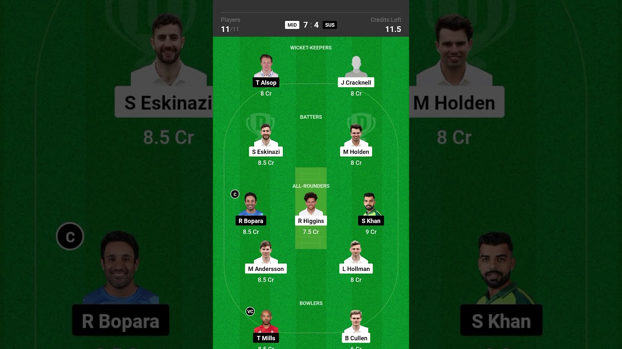 MIDvsSUS dream11 team prediction 11 MID vs SUS English T20 Blast Match Team
