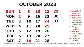 Calendarul octombrie 2023