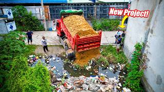 Starting Amazing PROJECT! Landfill on Flooded Garbage Area Use Skill Dozer D2oP with 5Ton Trucks