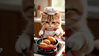 kucing lucu sedang memasak ayam goreng #cat #kitten #catlover #cute #animation #kucing #ai #cooking