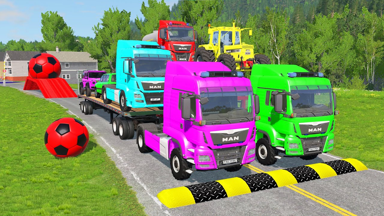 Triple Flatbed Trailer McQueen Transportation with Truck - Speedbumps vs Cars vs Train - BeamNG #12