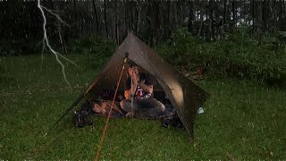 SOLO CAMPING IN HEAVY RAIN AND THUNDERSTORM - RELAXING CAMPING RAIN