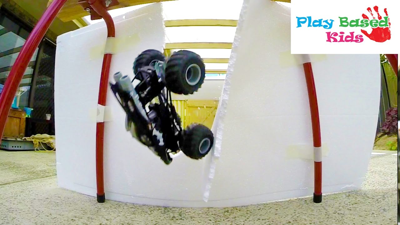 Toy Monster Truck slow motion WALL SMASH &  jumps!