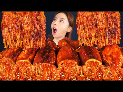 [Mukbang ASMR] 입안이 얼얼한 마라🔥오징어🦑팽이버섯 먹방 Squid+Enoki Mushrooms with <strong>MARA</strong> FIRE SAUCE Eatingshow SSOYOUNG