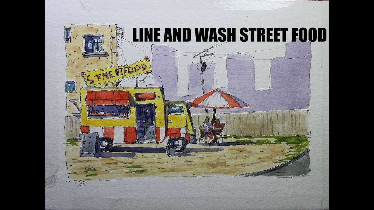 Line and wash Street Food,in watercolor lesson,great for beginner urban ...