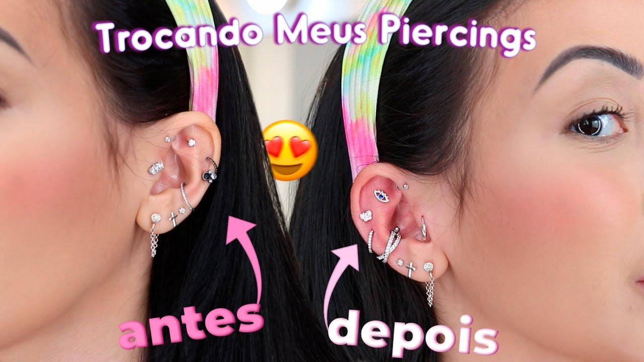 TROCANDO OS PIERCINGS DA ORELHA SOZINHA - helix, tragus e conch 