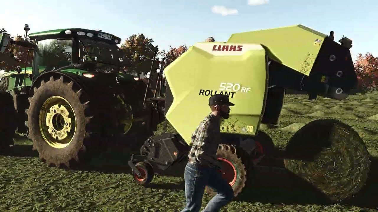 Farming Simulator 25 John Deere 6R prasowanie trawy.