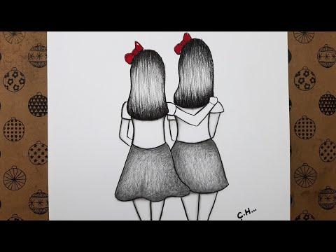 Kolay Karakalem En İyi Kız Arkadaş Çizimi Adım Adım Nasıl Çizilir, Best Friend Drawing