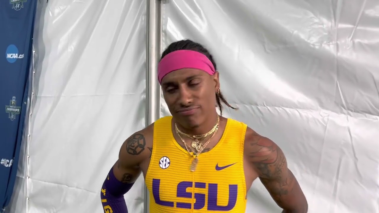 Eric Edwards Jr after 13.15 for 2nd in 110H at 2022 NCAAs