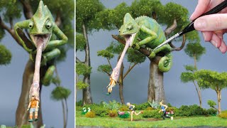 MONSTER CHAMELEON Feeding Time! Diorama, Polymer Clay