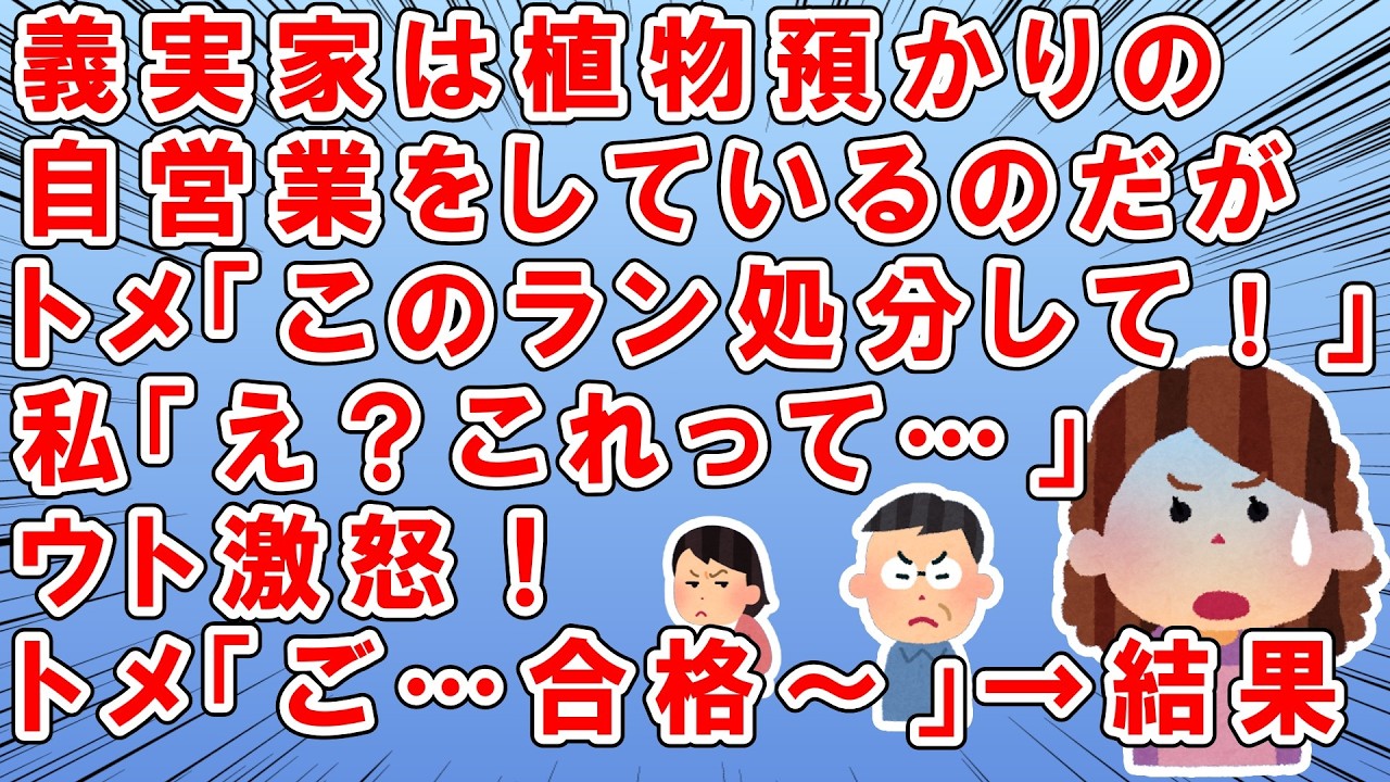義実家は植物レンタルと植物預かりの自営業をしているのだが→トメ「この植木鉢、茎を抜いて、切って捨てて、土を持って来てちょうだい！」→私「え…これって…」→ウトに確認するとウトが大激怒→結果