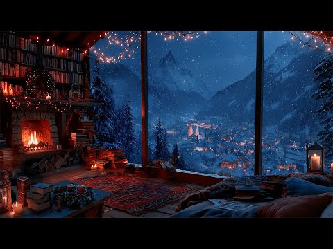Cozy Fireplace Snow Mountain Village Winter Study Room Ambience Christmas Dark Academia Playlist 