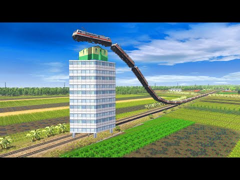 The Longest Train Climbs Over High Building-2 Long Trains Jumping #67 BeamNG.Drive Trainz Simulator