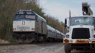 Amtrak Downeaster NPCU 90220 leading with Heritage 100 at Willie Hill Rd Wells ME 5/12/2024