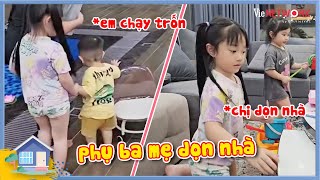 2 công chúa Bảo Nhi  Bảo Ngọc dọn dẹp nhà cửa phụ ba mẹ, cu Phin 'trốn việc' giả bộ buồn ngủ đòi về