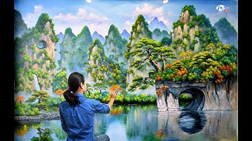 Vẽ tranh tường 3d phong cảnh sơn thủy. Liên hệ vẽ tranh: 0969.033.288/Đào tạo các khóa học vẽ tranh.