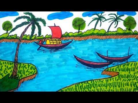 How To Drawing Scenery | Scenery Of River | Drawing For Kids, Children's & Beginners Step By Step