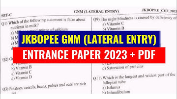 JKBOPEE GNM 2023 (Lateral Entry) Entrance CET - 2023 Paper With PDF File Available - Download Here 🔥