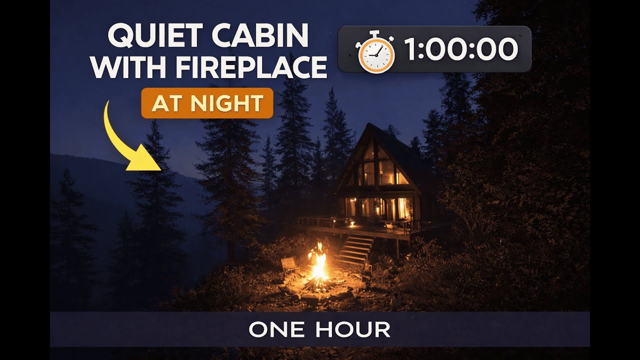 Quiet Cabin with Fireplace at Night (1 Hour)
