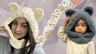 картинка: Капор с ушками из Alize Puffy / Капюшон с ушками за полтора часа
