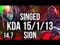 Singed vs sion top  15113 39k dmg 600 games legendary  euw grandmaster  147