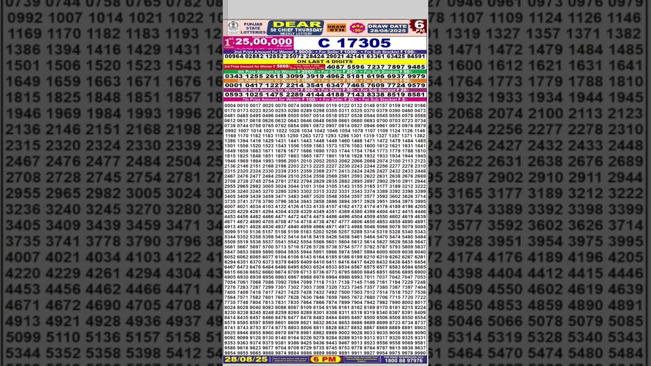 Punjab State Lottery Result Today 28-08-2025 Dear 50 Chief Thursday Weekly Lottery 6PM