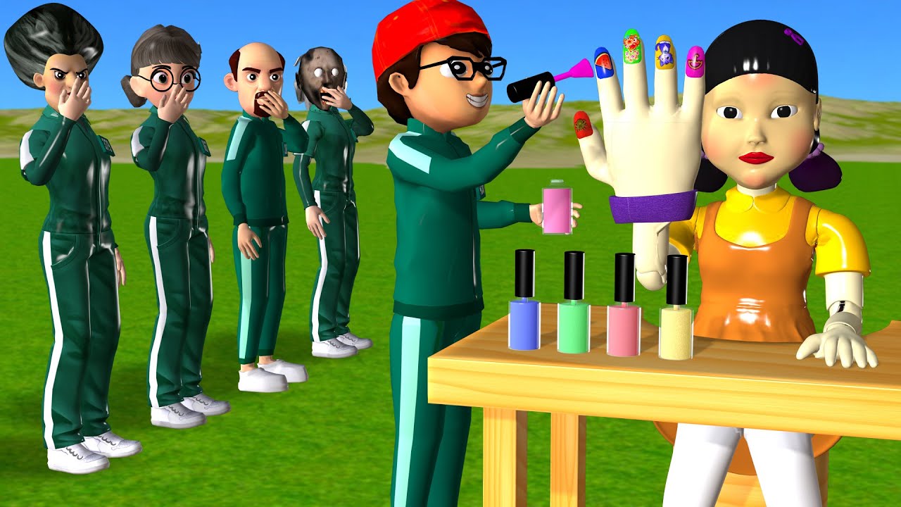 Scary Teacher 3D vs Squid Game Coloring Nails Glitter Paint Nice or Error 5 Times Challenge