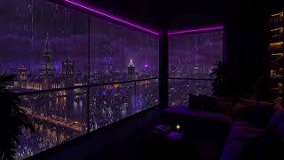 (No Ads) ⛈️ Rainy Night in Luxury London Apartment 🌃 | Rain Sounds & City Lights for Relaxation