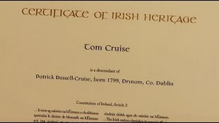 Celebrity Tom Cruise presented with Irish Heritage Cert Profile
