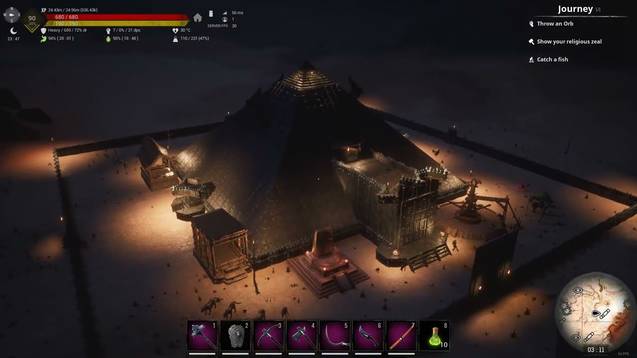 Conan Exiles pyramid starter base at night