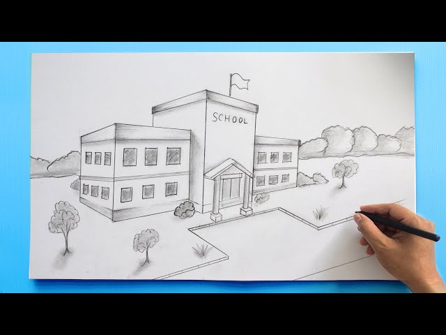school scenery drawing  My School Drawing with pencil  Drawing for  Competition  YouTube